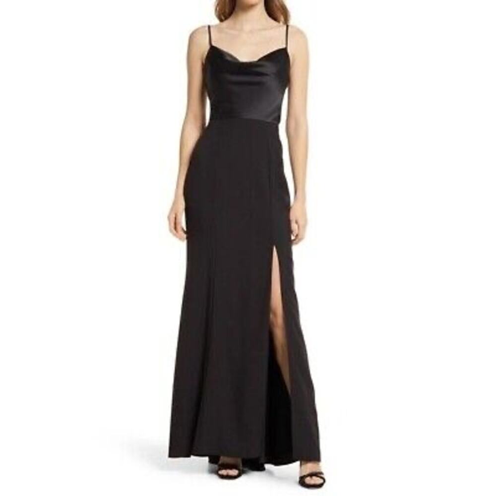 NWT Amsale Black Mavi Gown Cowl Bodice Side Slit Size 8 Bridesmaid Formal